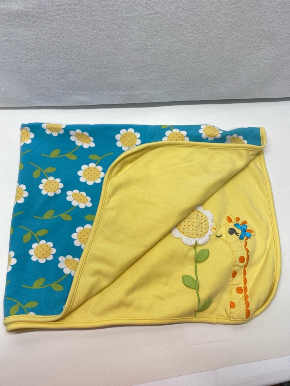Gymboree Daisy Giraffe Turquoise Floral Baby Blanket Reversable Giraffe Cotton
